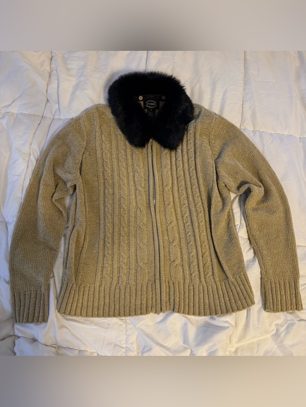 Vintage Studio Originals Cable Knit Faux Fur Collar Cardigan